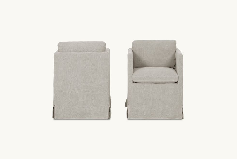 Front and back view of Gabriel Dining Chair in Jasmine Rice, a light warm greige Medium Weight Linen