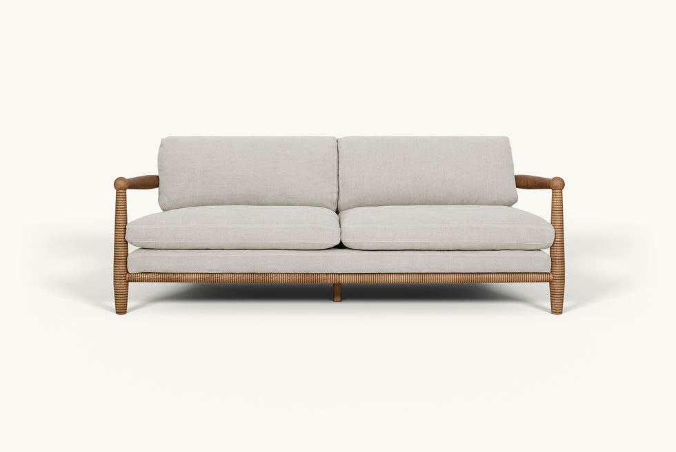 Front view of Gio 84" Sofa frame in 100% American Heritage Ash, a medium, bosc pear shade with earthy undertones, and slipcover in Jasmine Rice, a light warm greige Medium Weight Linen