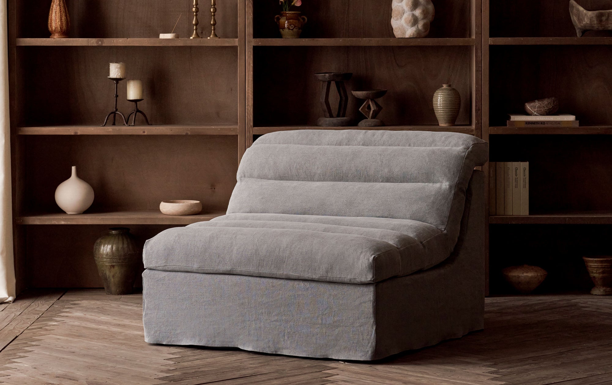 Juno Chair in Ink Cap, a medium cool grey Light Weight Linen