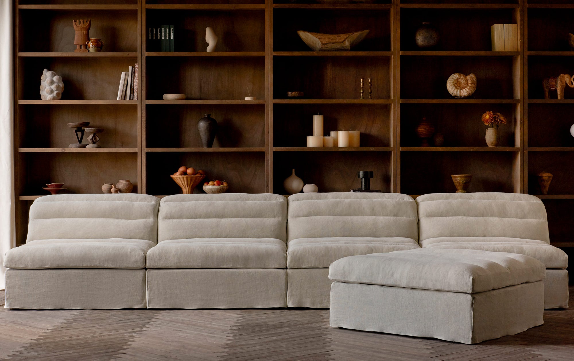 Juno Chaise Sectional Slipcover Only in Warm Oatmeal, a light warm beige Medium Weight Linen