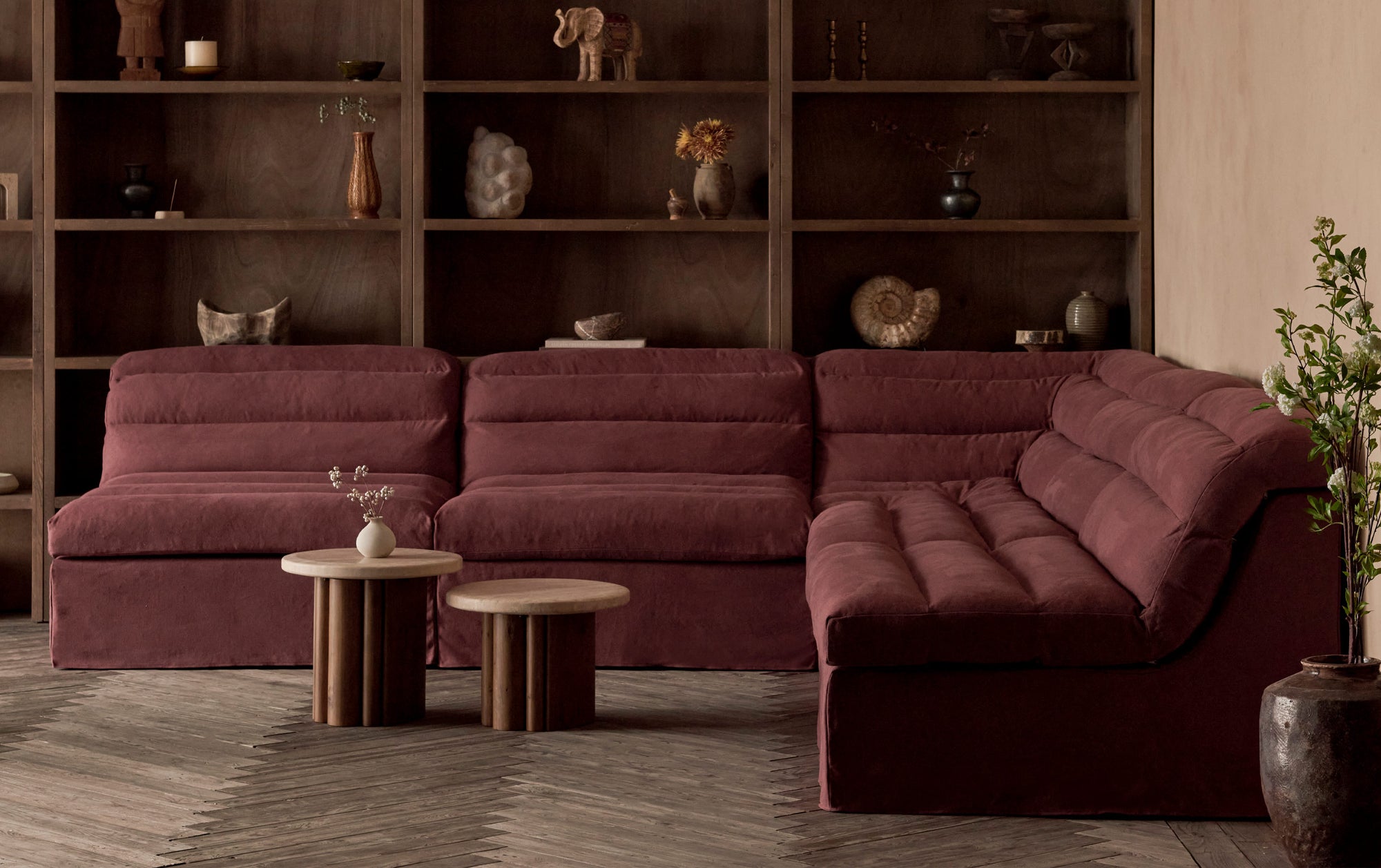 Juno Corner Sectional Slipcover Only in Summer Plum, a soft maroon Thread-Dyed Cotton Linen