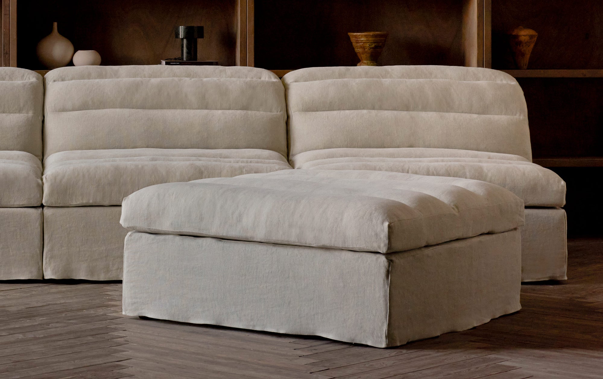 Juno Ottoman Slipcover Only in Warm Oatmeal, a light warm beige Medium Weight Linen