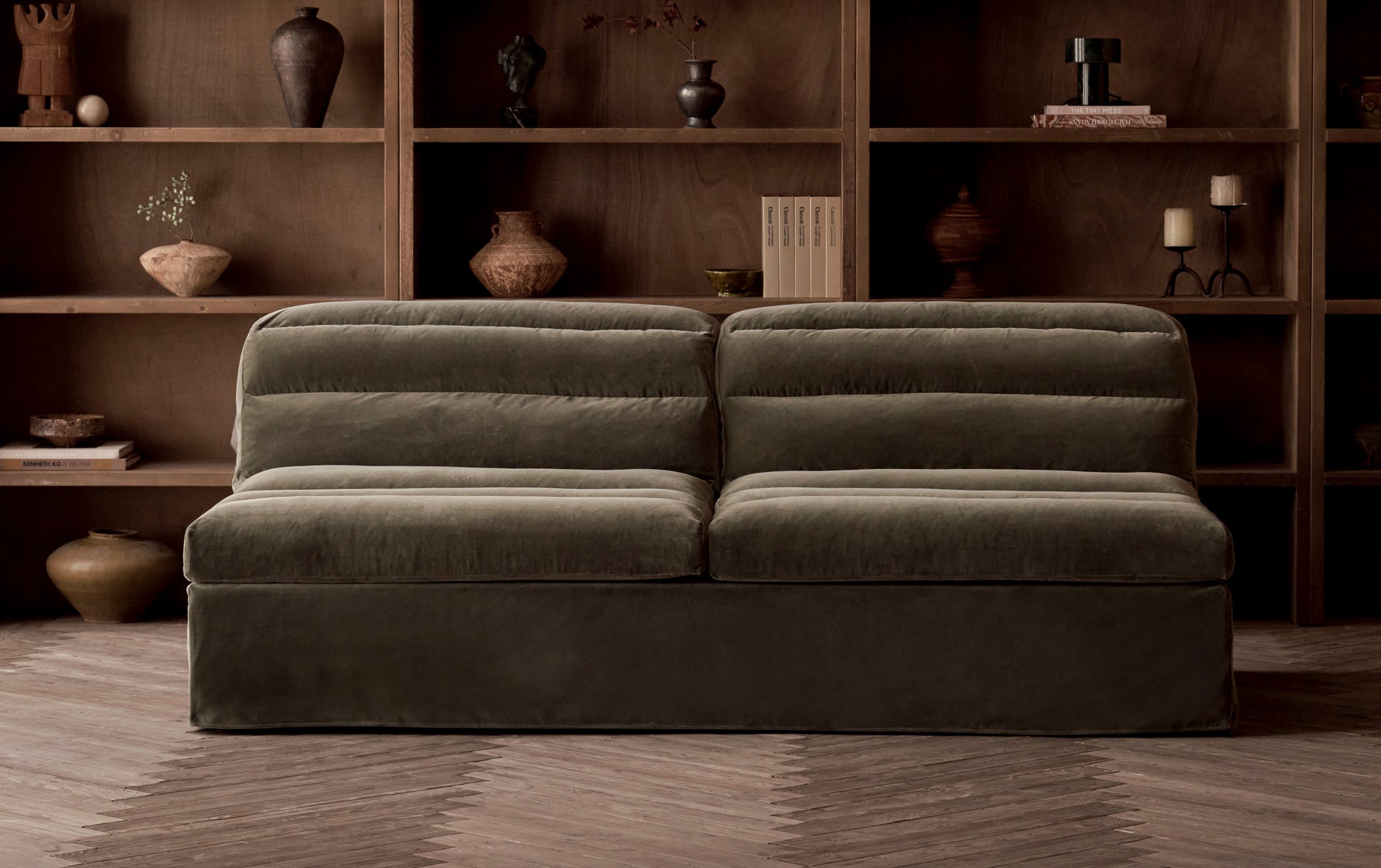 Juno Sofa in Midnight Nori, a deep, earthy, and ashy green Washed Cotton Velvet