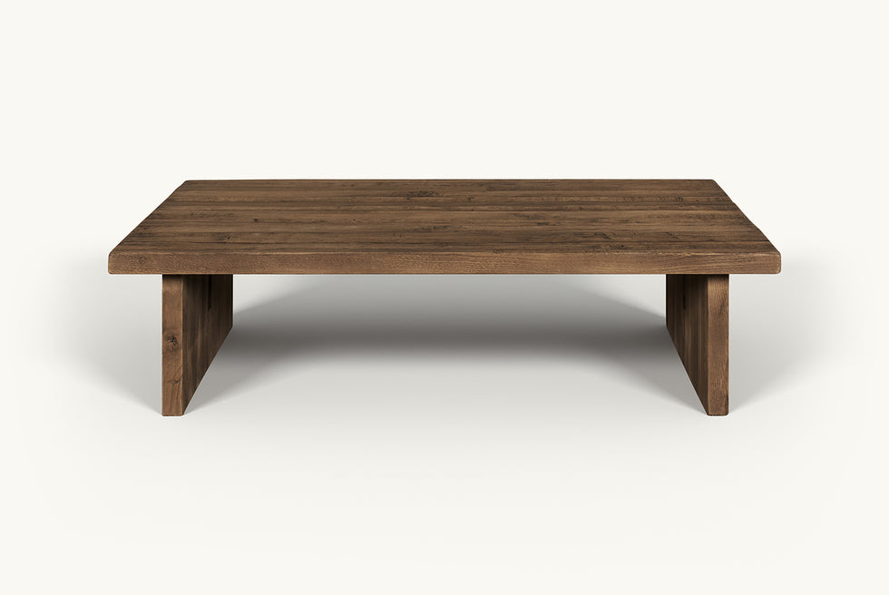 Front view of Kai Coffee Table in 100% Reclaimed Austrian Heritage Oak, a medium bosc pear shade with earthy undertones.