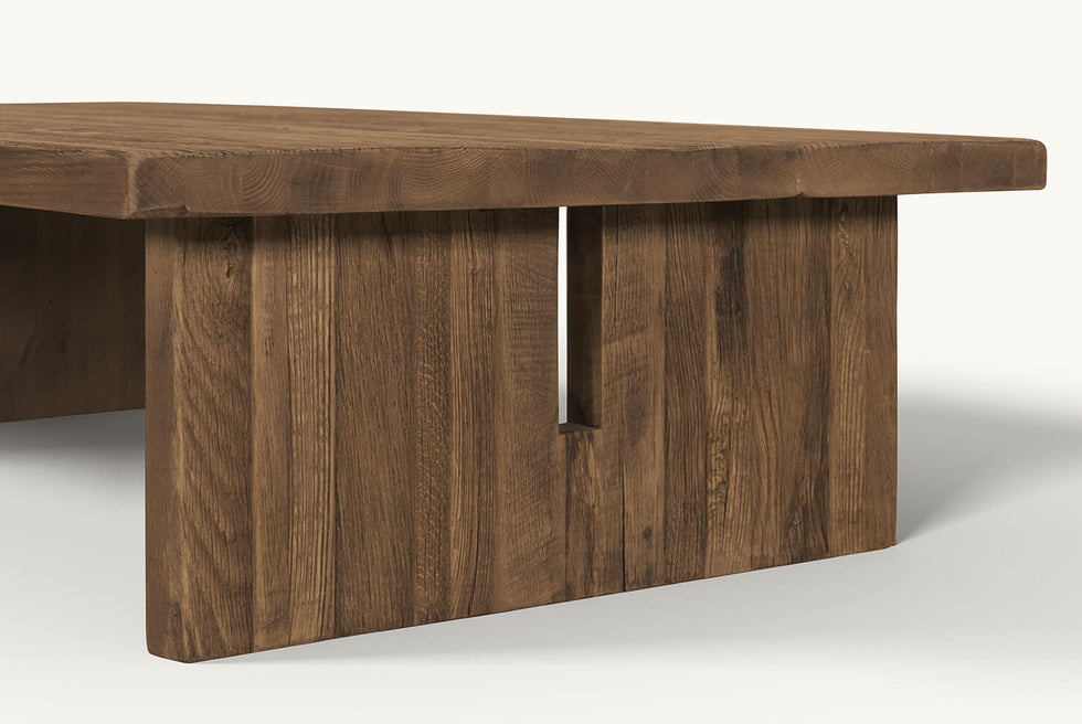 Close Up view of Kai Coffee Table in 100% Reclaimed Austrian Heritage Oak, a medium bosc pear shade with earthy undertones.