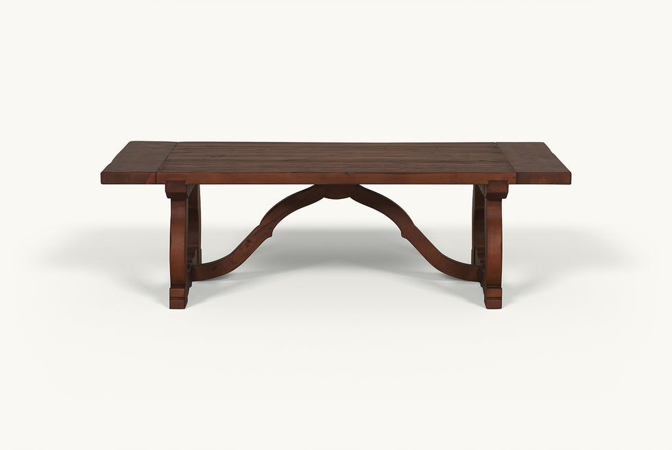 Front view of Leona Coffee Table in Dusky Pine, a deep, rich, molasses-colored 100% Chinese pine
