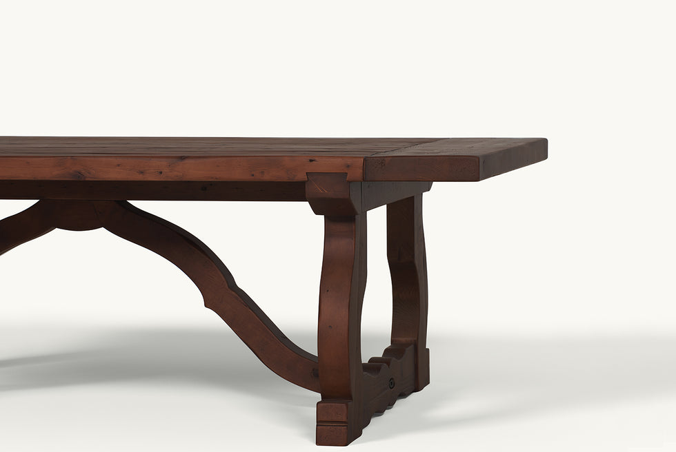 Close up view of Leona Coffee Table in Dusky Pine, a deep, rich, molasses-colored 100% Chinese pine