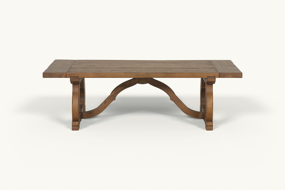 Front view of Leona Coffee Table in 100% Reclaimed Chinese Heritage Pine, a medium, bosc pear shade with earthy undertones