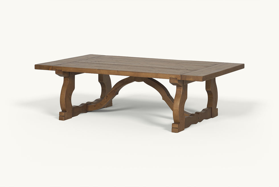 Angled view of Leona Coffee Table in 100% Reclaimed Chinese Heritage Pine, a medium, bosc pear shade with earthy undertones