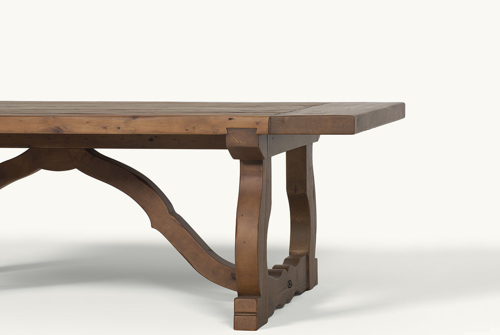 Detail view of Leona Coffee Table in 100% Reclaimed Chinese Heritage Pine, a medium, bosc pear shade with earthy undertones