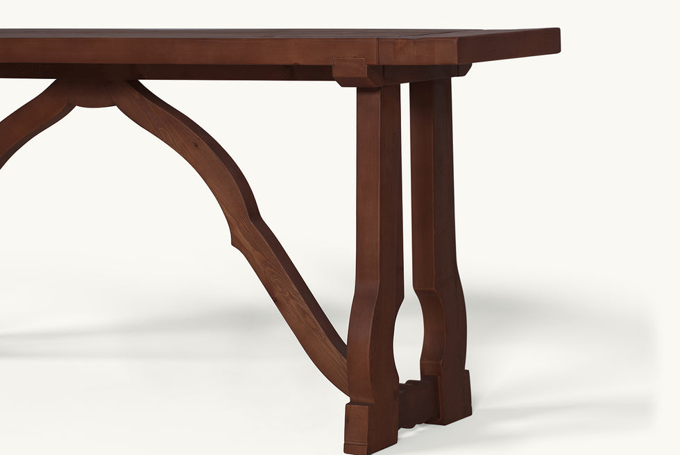 Detail view of Leona Console Table in Dusky Pine, a deep, rich, molasses-colored 100% Chinese pine
