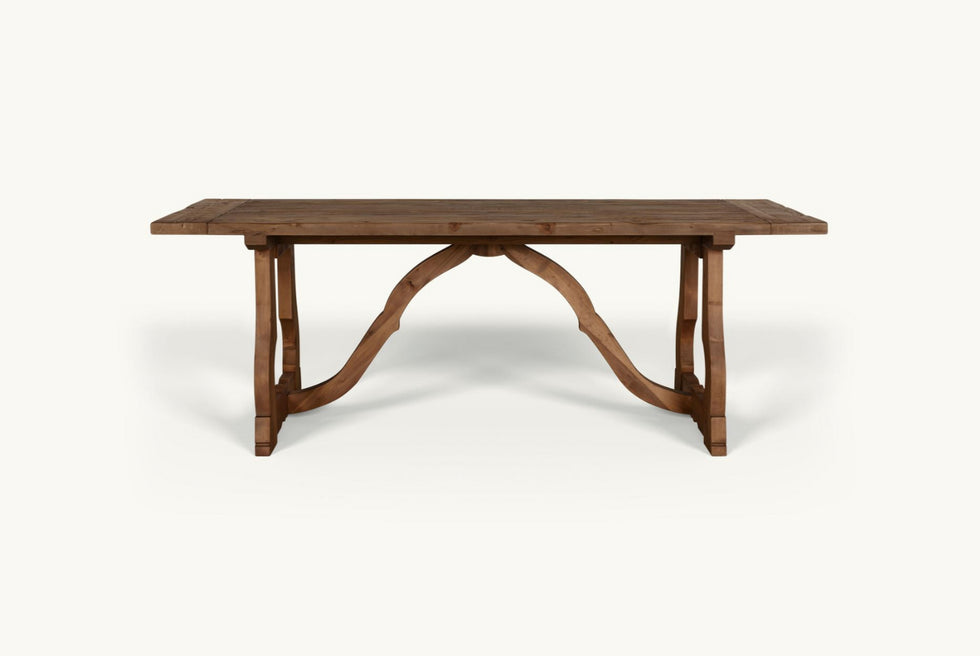 Front view of Leona Dining Table in 100% Reclaimed Chinese Heritage Pine, a medium, bosc pear shade with earthy undertones