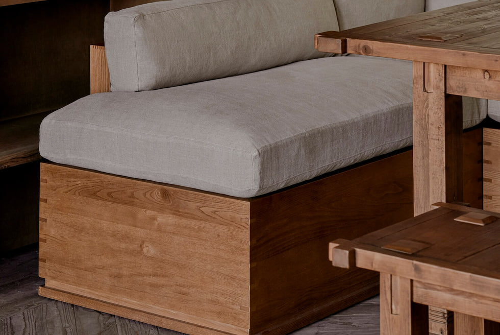 Monti Storage Banquette in Oat Flour, a medium taupe Light Weight Linen