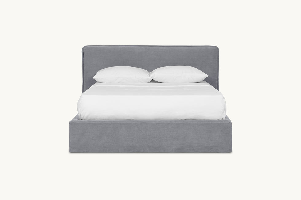 Front view of Neva Queen Bed in Ink Cap, a medium cool grey Light Weight Linen