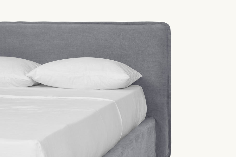 Close up of Neva Queen Bed in Ink Cap, a medium cool grey Light Weight Linen