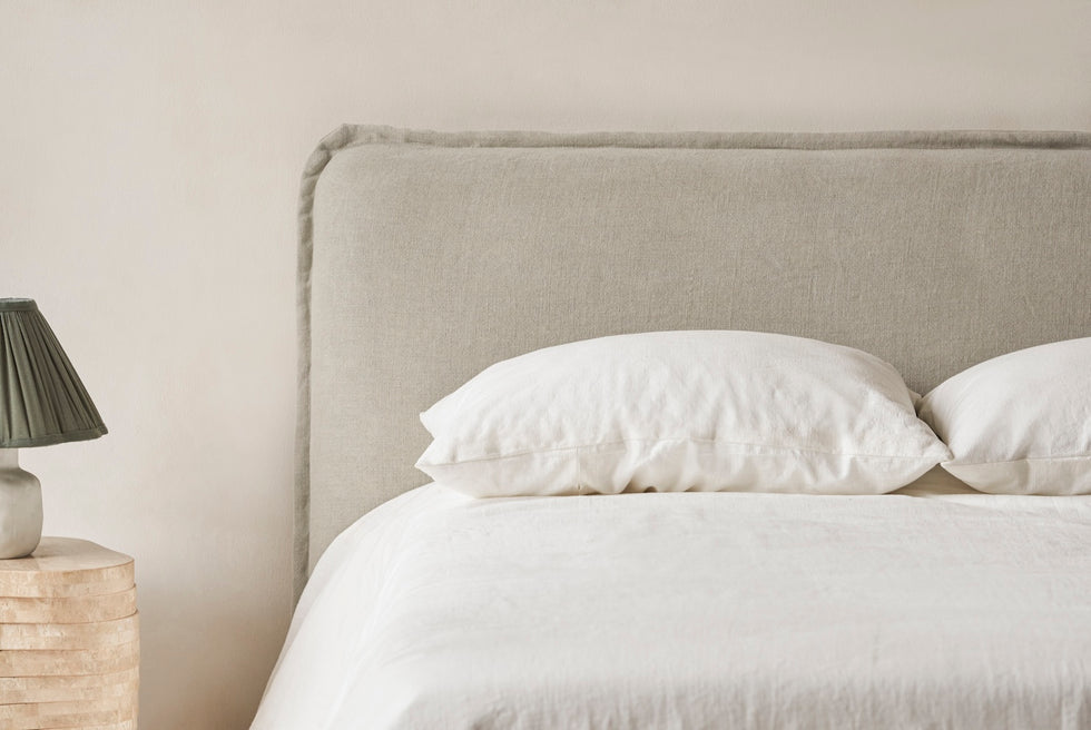Neva Bed in Jasmine Rice, a light warm greige Medium Weight Linen