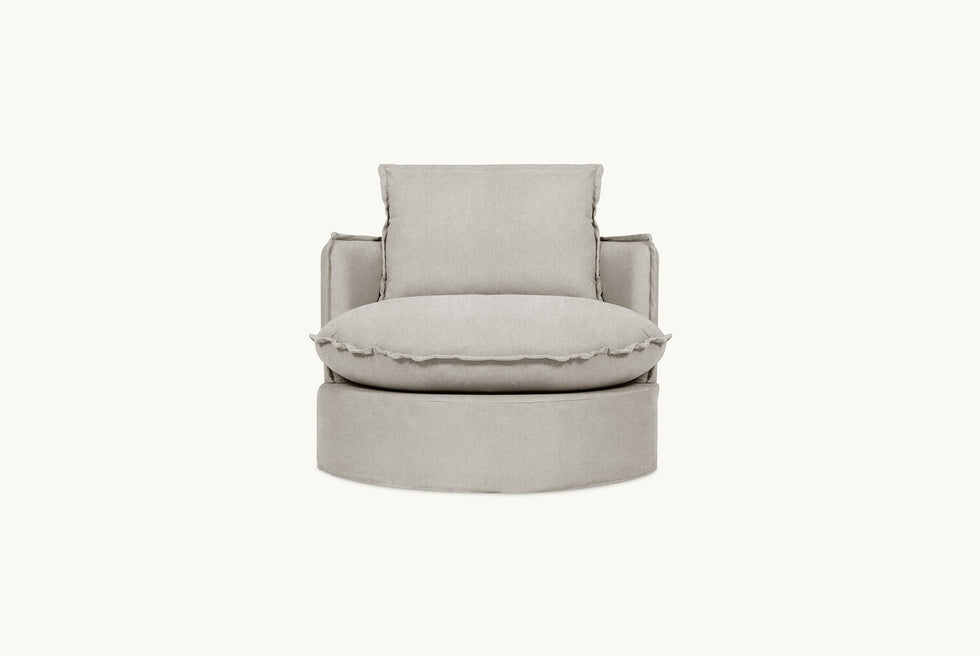 Neva Round Swivel Chair in Jasmine Rice, a light warm greige Medium Weight Linen