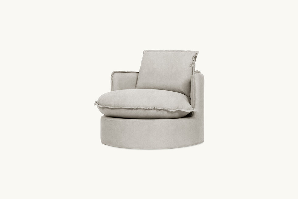 Neva Round Swivel Chair in Jasmine Rice, a light warm greige Medium Weight Linen