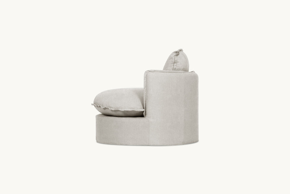 Neva Round Swivel Chair in Jasmine Rice, a light warm greige Medium Weight Linen
