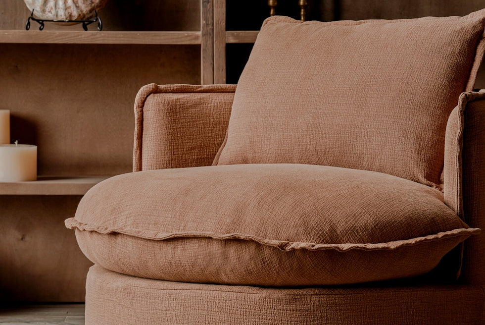 Neva Round Swivel Chair in Sweet Potato, a copper brown Washed Cotton Linen