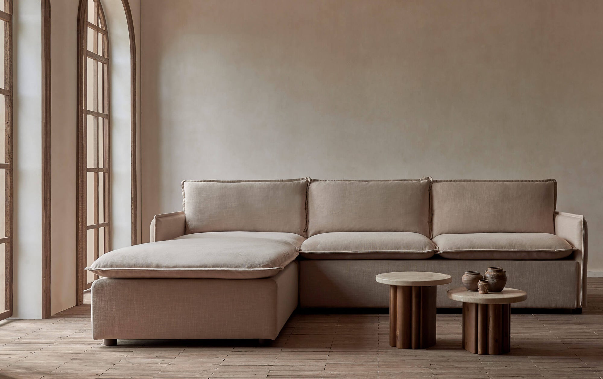 Neva Sleeper Chaise Sectional in Golden Reed, a sandy brown Recycled Poly Linen with two custom Enzo end tables