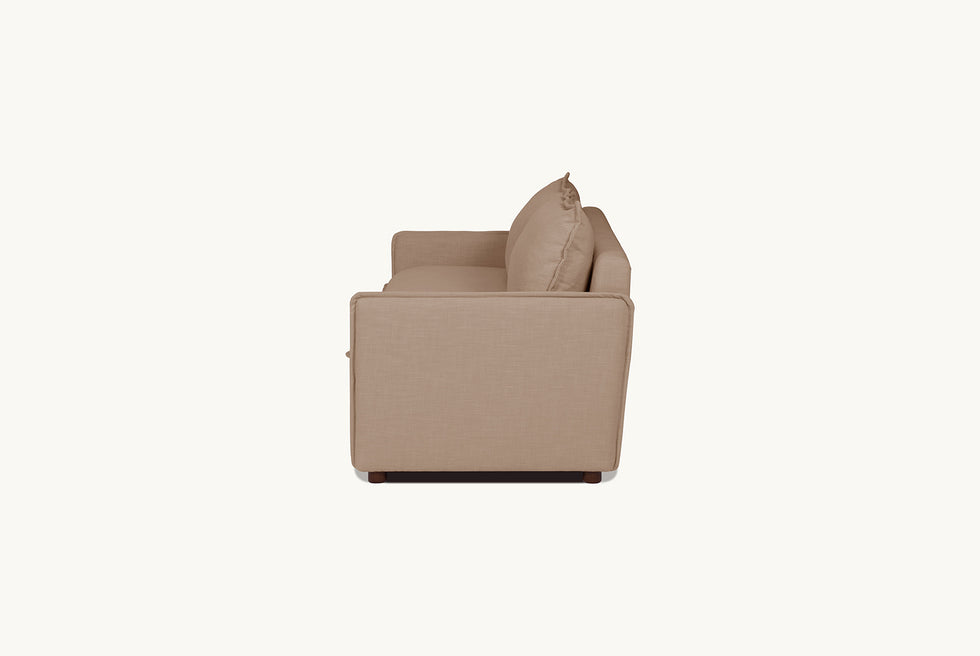 Side view of Neva Queen Sleeper Sofa in Golden Reed, a sandy brown Recycled Poly Linen