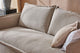 Slide #6 Close up of Neva 72" Sofa in Jasmine Rice, a light warm greige Medium Weight Linen, with white and beige throw pillows
