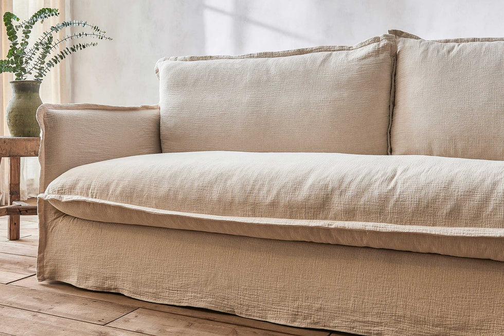 Close up of Neva 84" Sofa in Corn Silk, a light beige Washed Cotton Linen