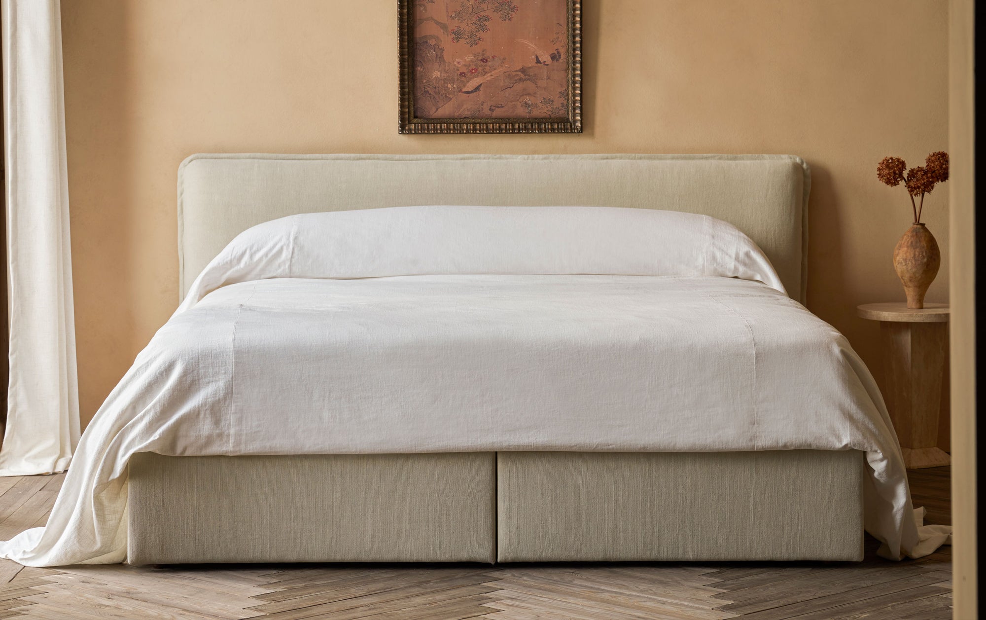 Neva Storage Bed in Warm Oatmeal, a light warm beige Medium Weight Linen