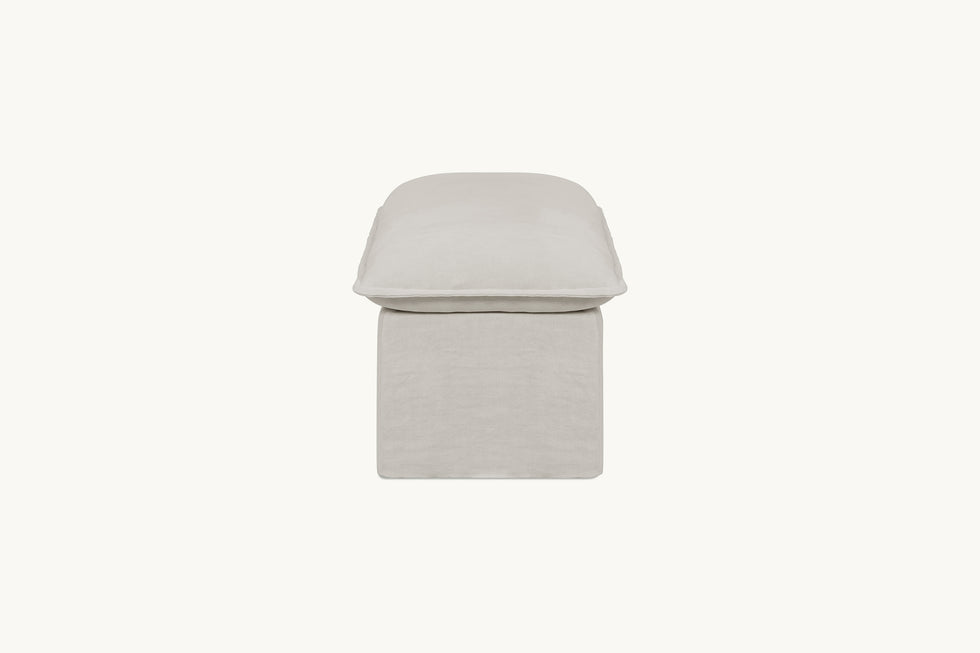 Side view of Neva Storage Bench in Jasmine Rice, a light warm greige Medium Weight Linen