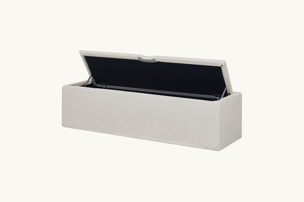 Opened view of Neva Storage Bench in Jasmine Rice, a light warm greige Medium Weight Linen
