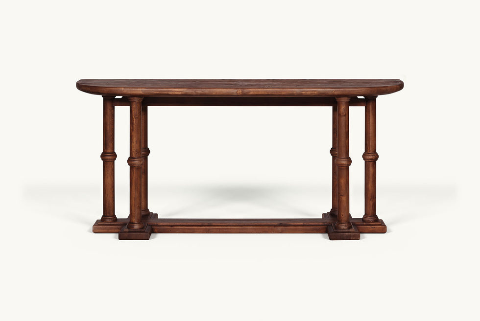 Front view of Pia Console Table in Dusky Pine, a deep, rich, molasses-colored 100% Chinese pine