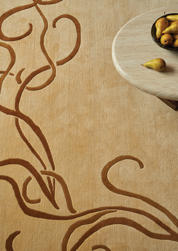 sixpenny crane wander rug with a bowl of pears on a sixpenny Cordelia Coffee table in Galata travertine
