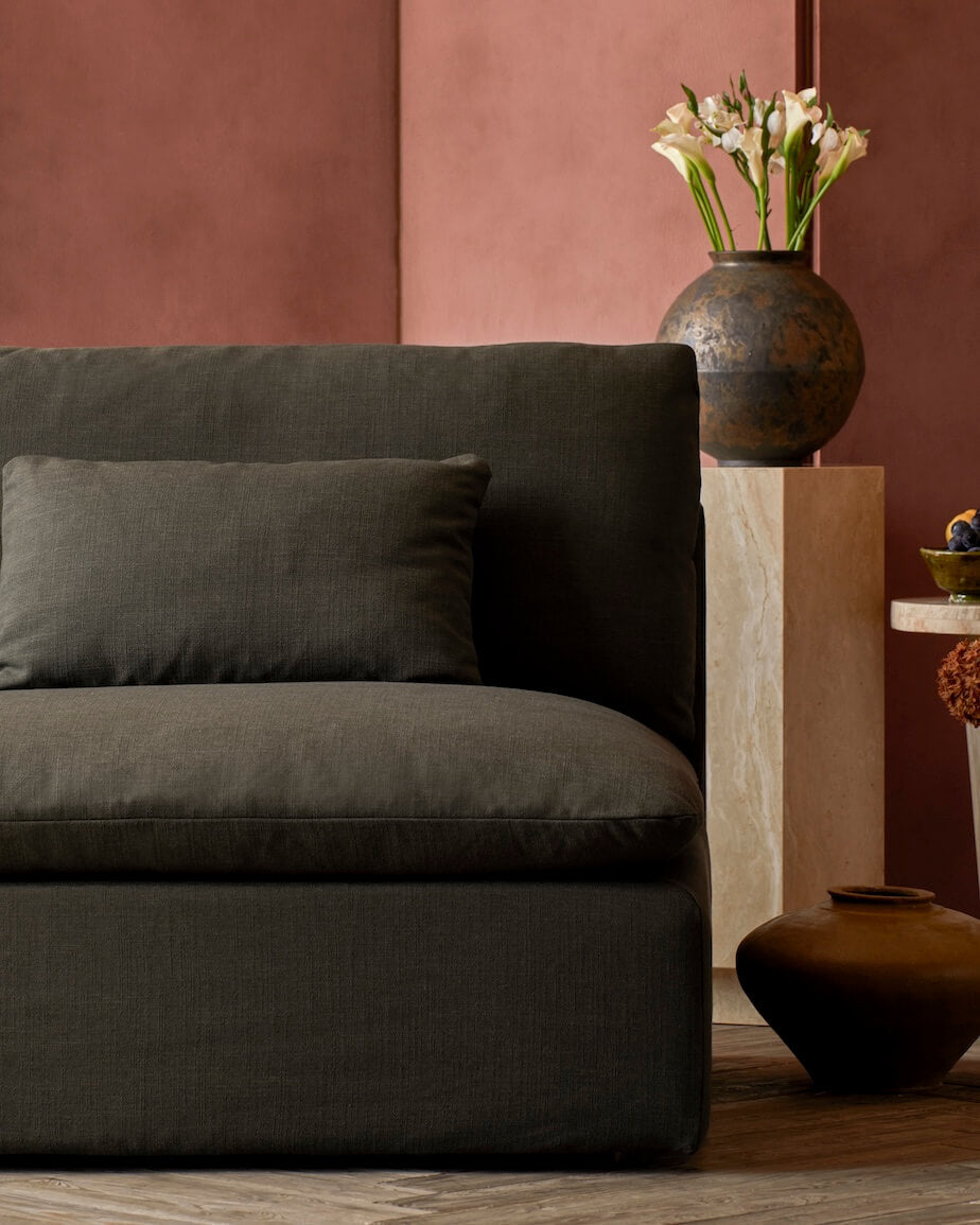 Aria Chaise Sectional in New Leaf, a forest green linen-like recycled polyester.