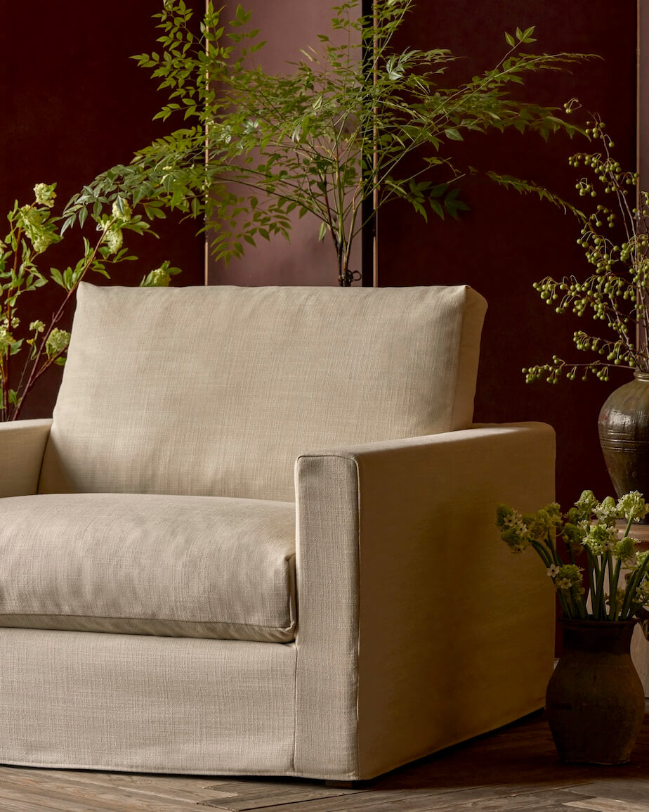 Devyn Chair in Rain Drop, a pale taupe linen-like recycled polyester.