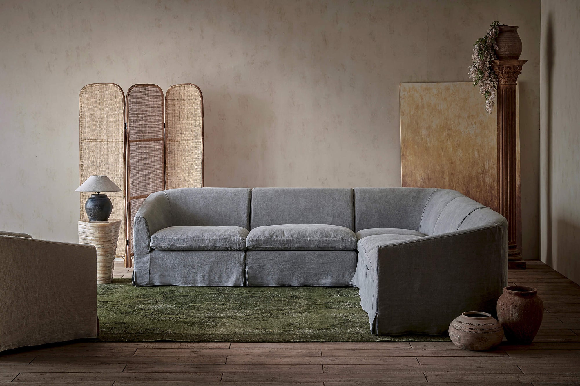 Ziki Corner Sectional Sofa in Ink Cap, a medium cool grey Light Weight Linen