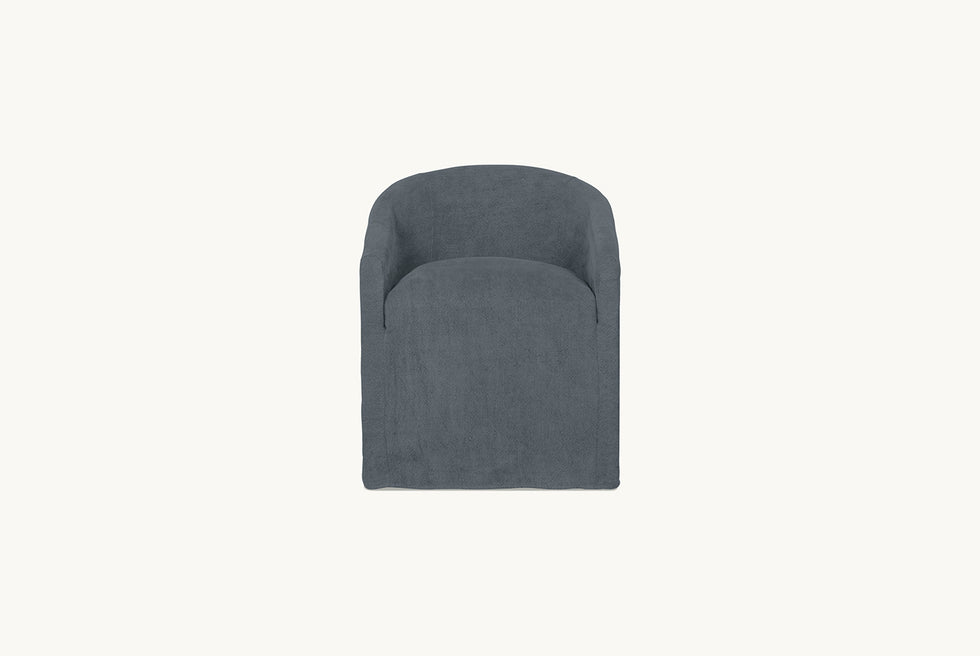 Front view of a Ziki Dining Chair in Black Pepper, a cool charcoal grey Light Weight Linen