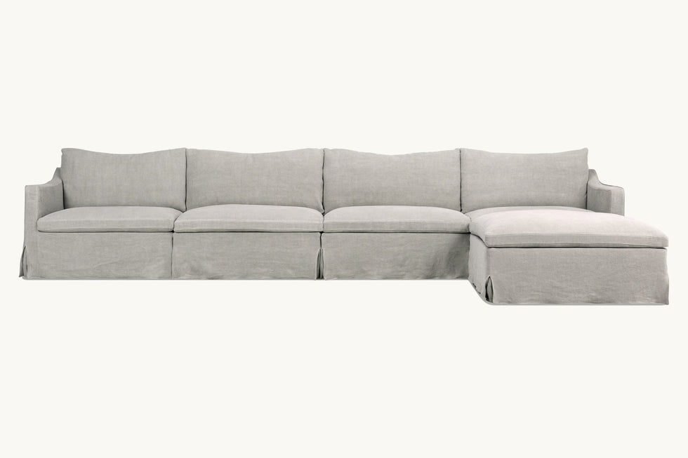 Front view of Amelia 5-piece Chaise Sectional Sofa in Jasmine Rice, a light warm greige Medium Weight Linen