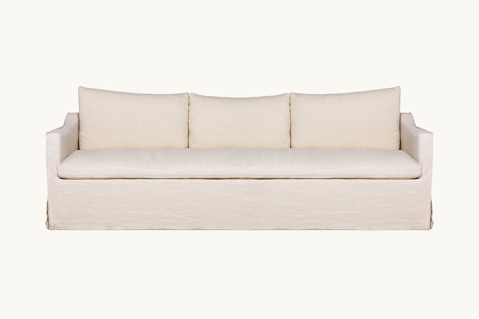 Front view of Amelia 96" Sofa in Corn Silk, a light beige Washed Cotton Linen