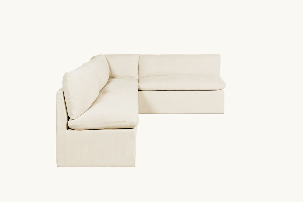 Side view of Aria Banquette in Warm Oatmeal, a light warm beige Medium Weight Linen