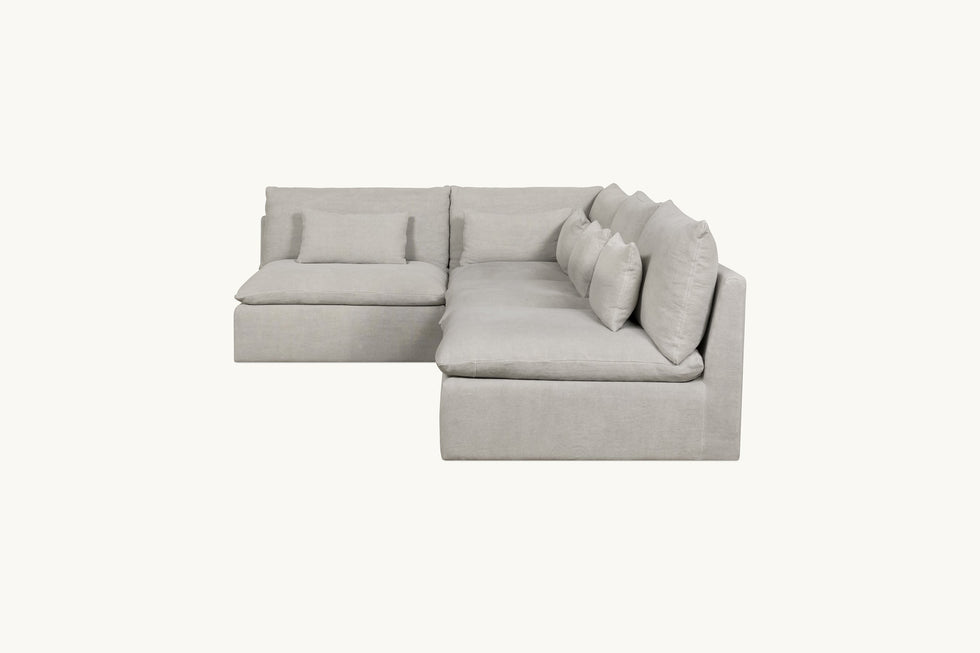 Side view of Aria Short L-Shape Sectional Sofa in Jasmine Rice, a light warm greige Medium Weight Linen