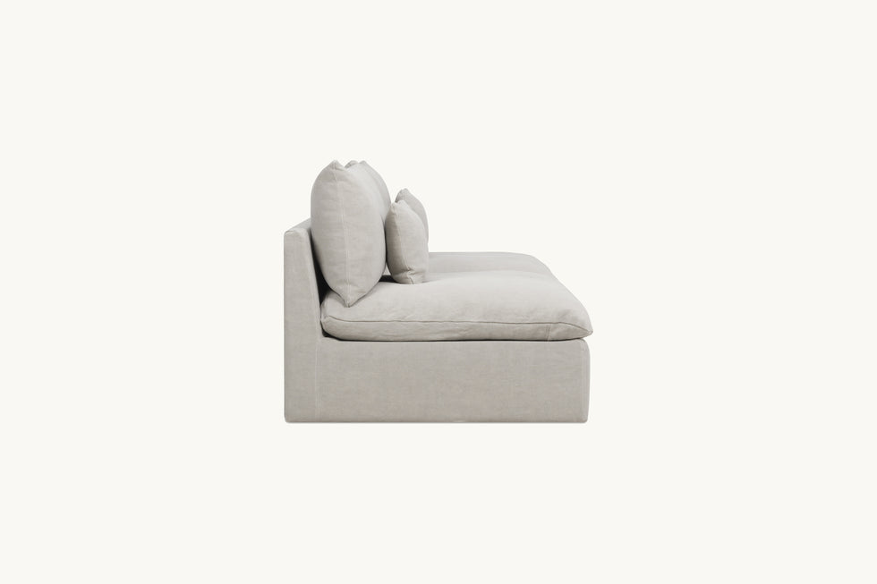 Side view of Aria 84" Sofa in Jasmine Rice, a light warm greige Medium Weight Linen