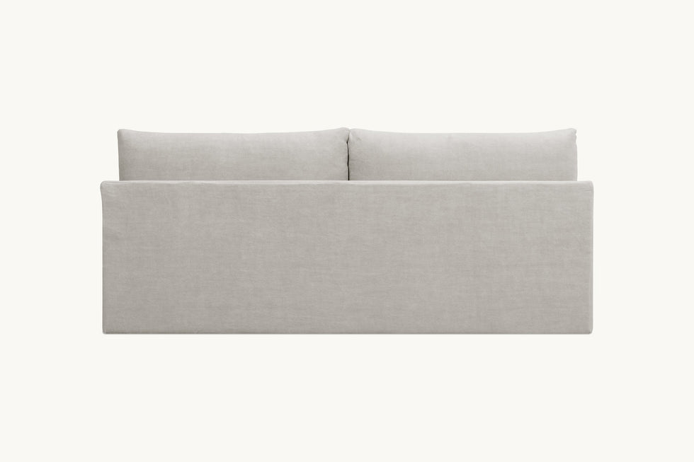 Back view of Aria 84" Sofa in Jasmine Rice, a light warm greige Medium Weight Linen