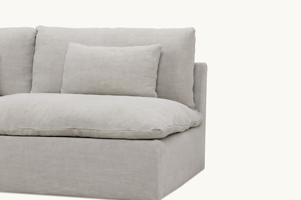 Close up view of Aria 84" Sofa in Jasmine Rice, a light warm greige Medium Weight Linen