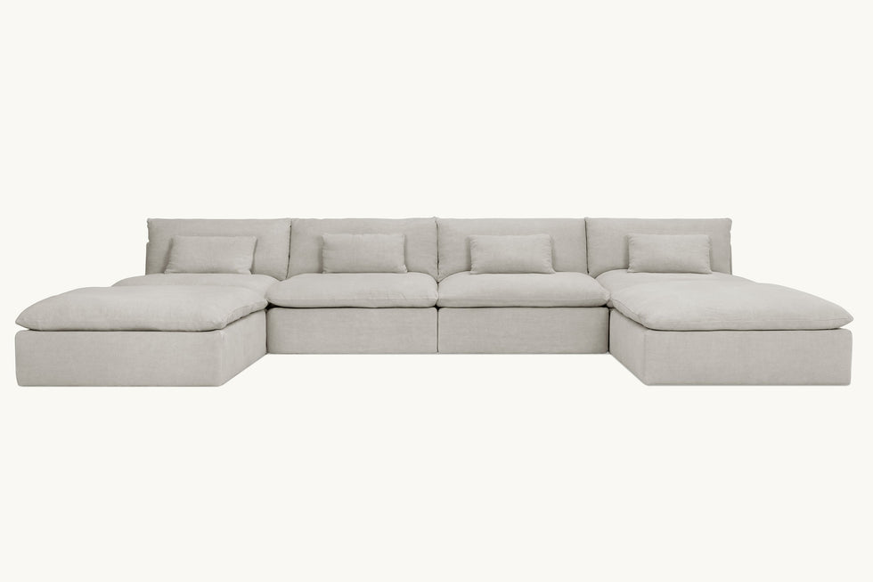 Front view of Aria U-Shape Sectional Sofa in Jasmine Rice, a light warm greige Medium Weight Linen