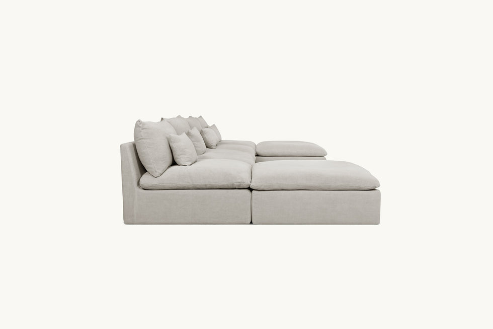Side view of Aria U-Shape Sectional Sofa in Jasmine Rice, a light warm greige Medium Weight Linen