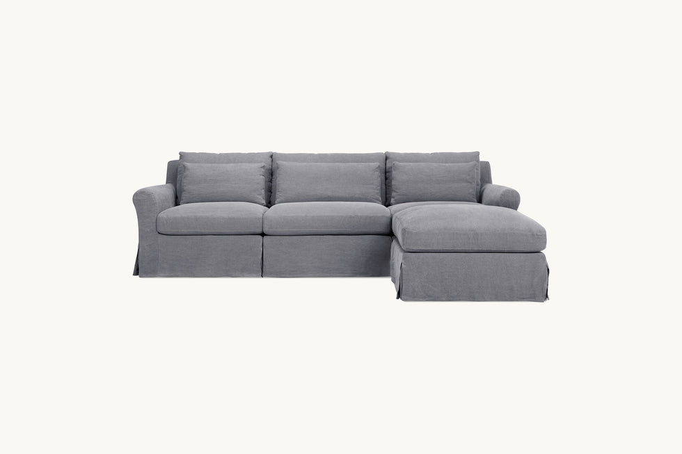 Front view of Elias 4-piece Chaise Sectional Sofa in Ink Cap, a medium cool grey Light Weight Linen