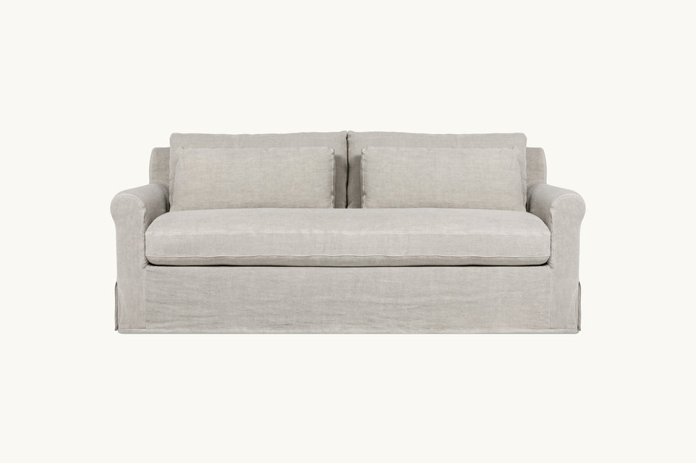 Front view of Elias 84" Sofa in Jasmine Rice, a light warm greige Medium Weight Linen