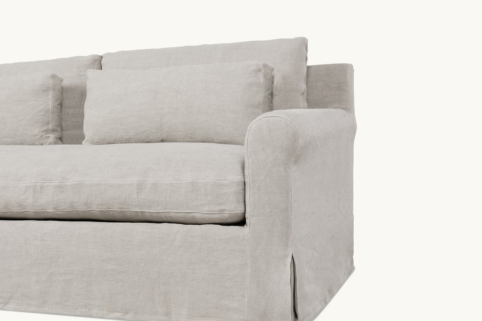 Close up view of Elias 84" Sofa in Jasmine Rice, a light warm greige Medium Weight Linen