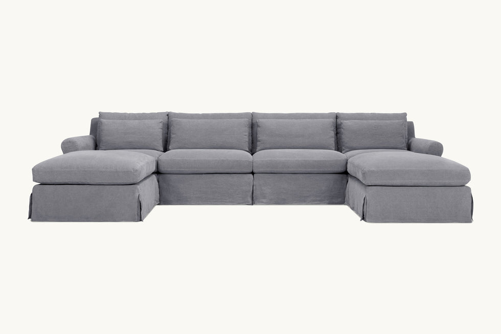 Front view of Elias U-Shape Sectional Sofa in Ink Cap, a medium cool grey Light Weight Linen